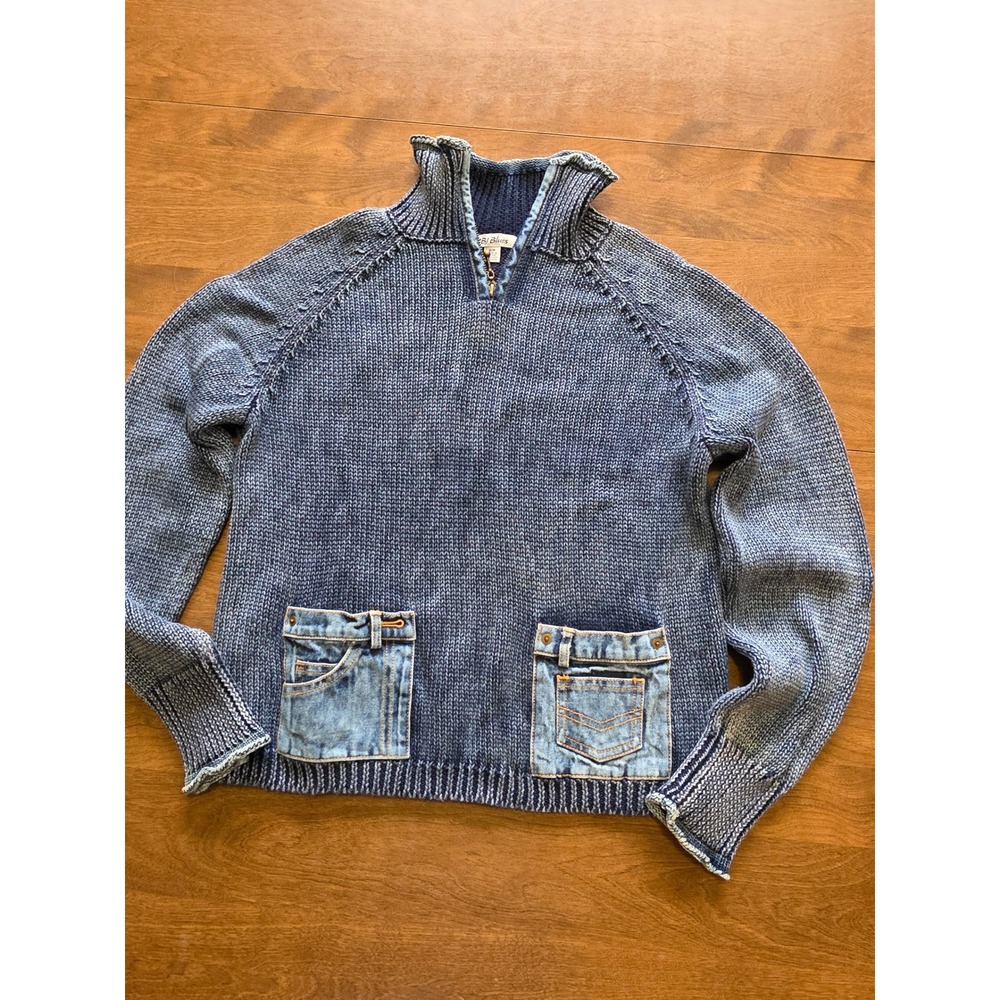 PBJ Blues Denim Patch Chunky Knit Quarter Zip Sweater Indigo Blue 
Small Casual